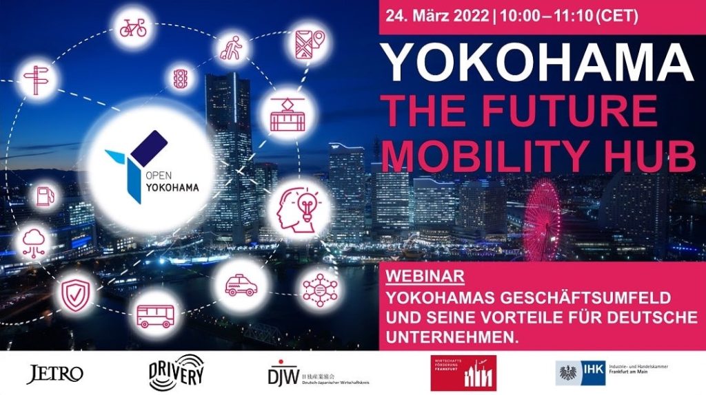 Keyvisual des Online-Seminars „Yokohama – The Future Mobility Hub“ mit Stadtansicht und Mobilitäts-Icons